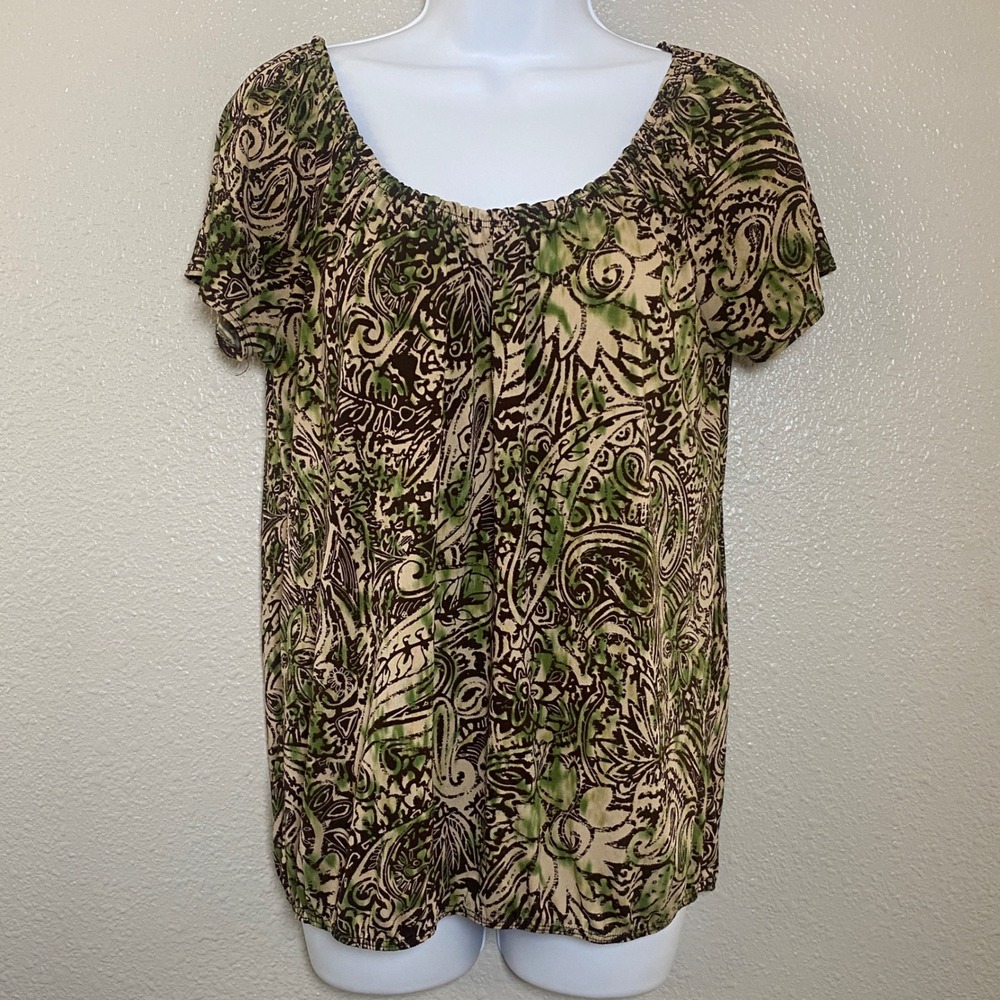Vintage Y2K Top L Fairycore Bohemian Boho Green Brown Puff Sleeve Cottagecore